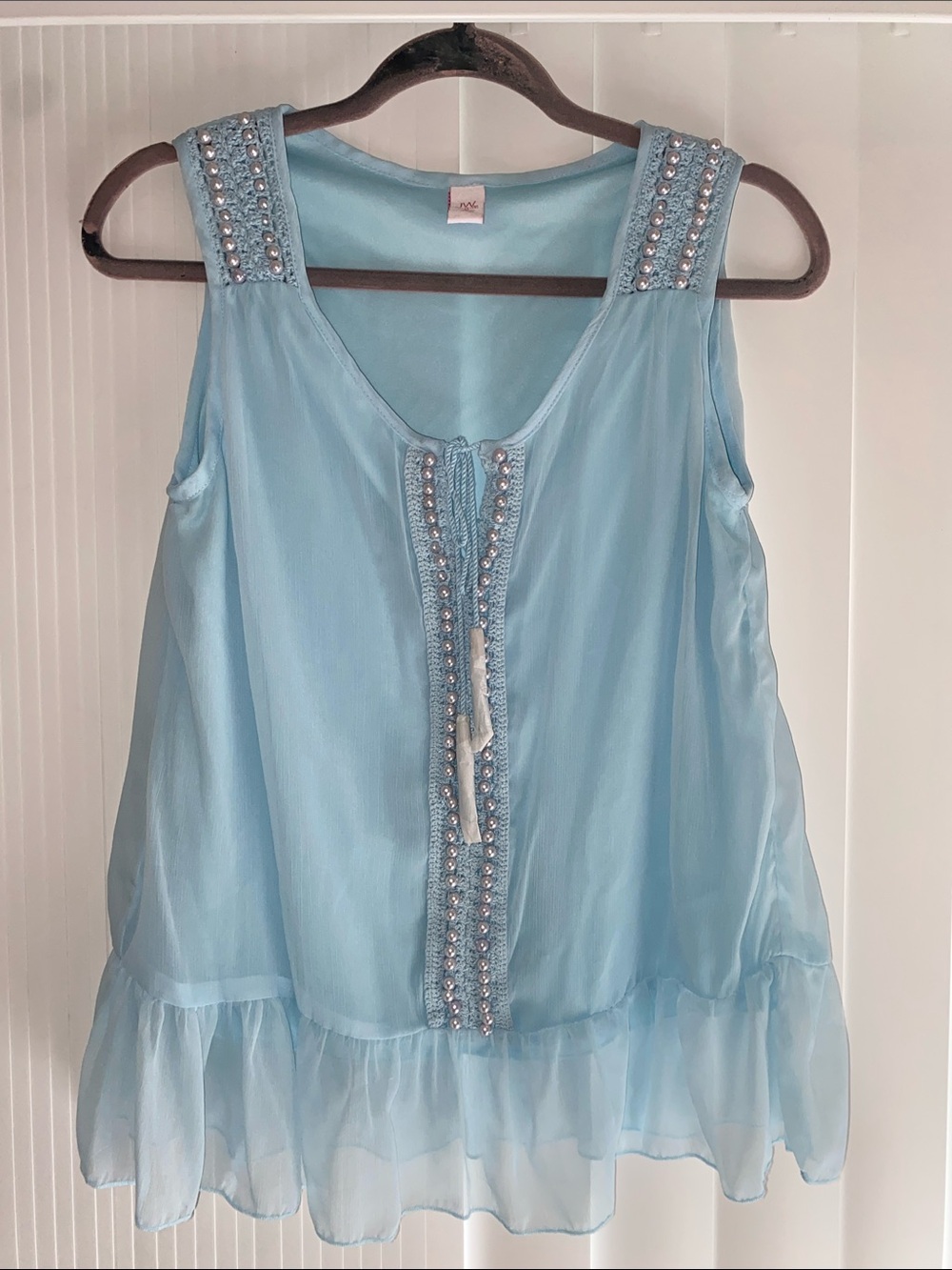 Beaded Light Blue Sleeveless Ruffle-Hem Tank Top